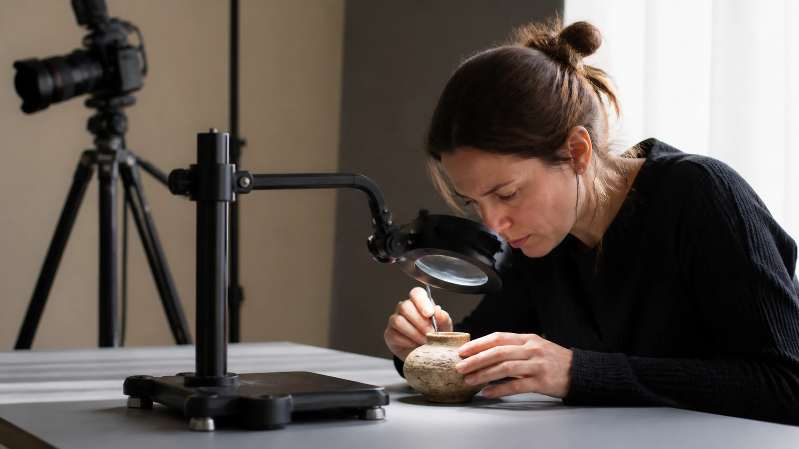 Contrôle de netteté d’un objet artisanal avec une loupe de studio