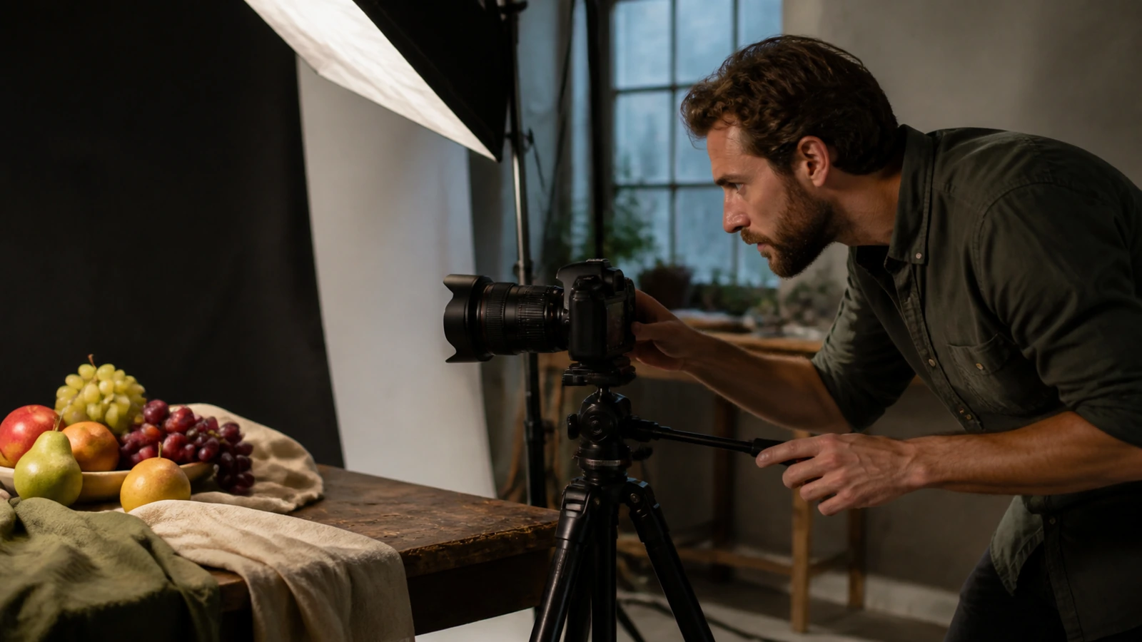Photographe ajustant lumière et distance face à une scène de fruits
